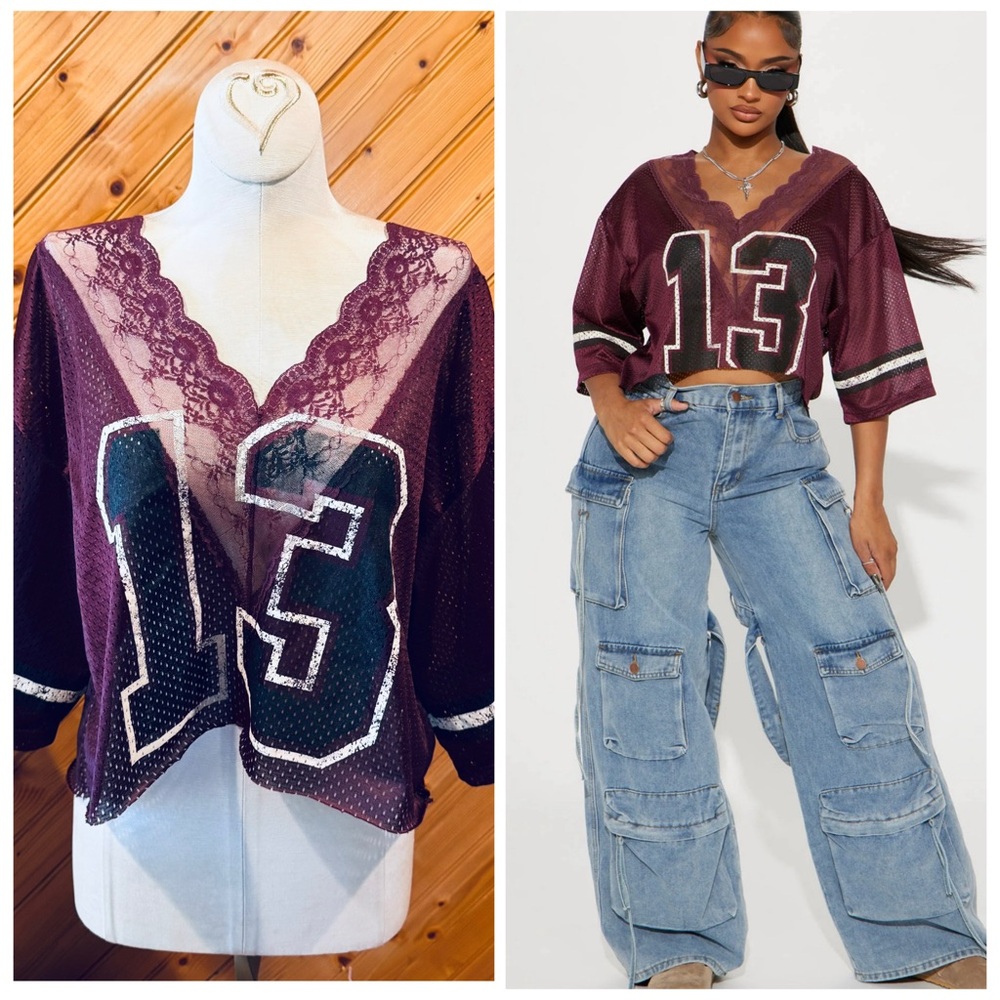 Fashion Nova Cropped Jersey Burgundy Mesh Top